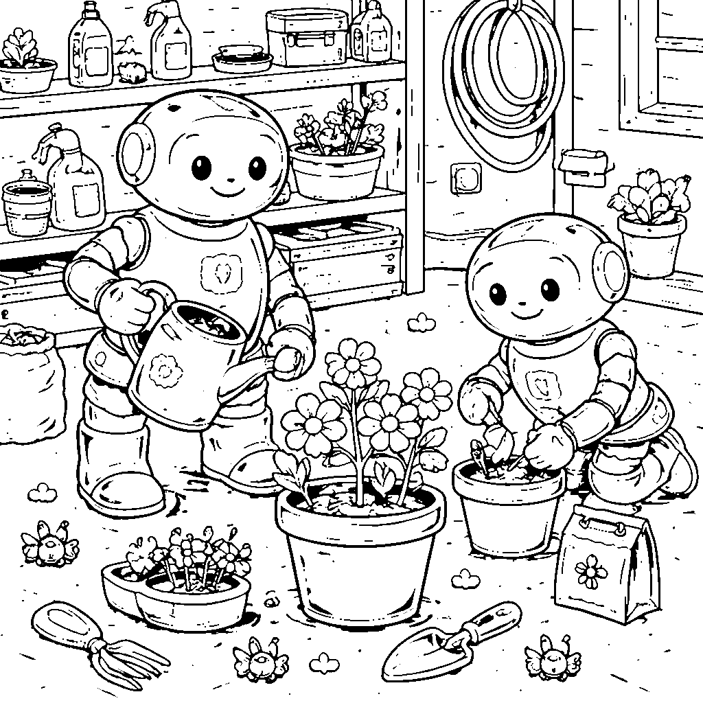 Friendly Robot Gardeners Coloring Page