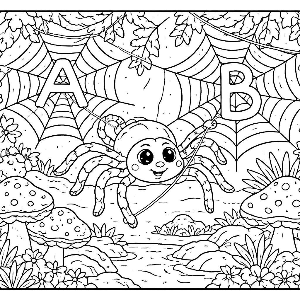 Coloring Page of a Friendly Spider in Enchanted Forest