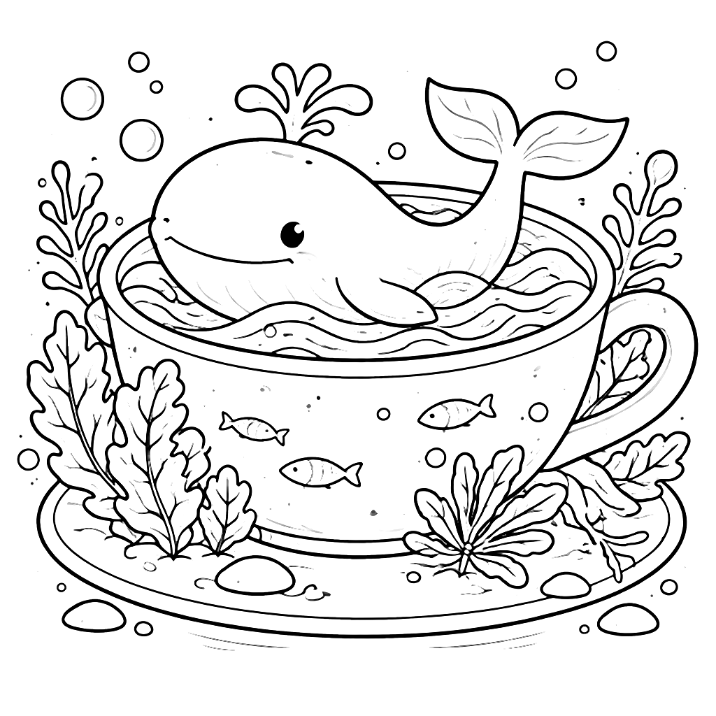 Coloring Page of a Friendly Whale in a Teacup