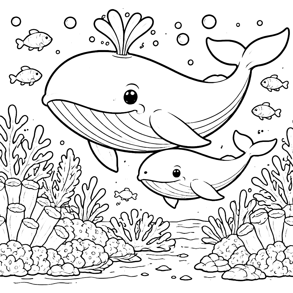 Coloring Page of a Friendly Whale and Baby Whale