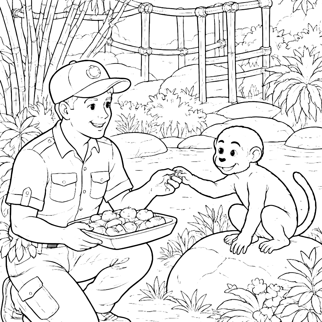 Friendly Zookeeper Interacting with a Curious Monkey
