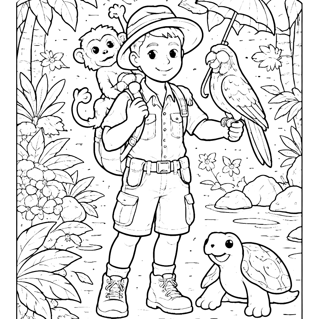 Coloring Page of a Friendly Zookeeper with Animals