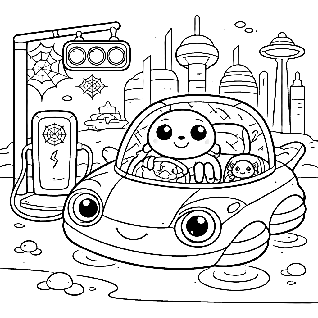 Futuristic Hovercar Coloring Page with a Friendly Spider
