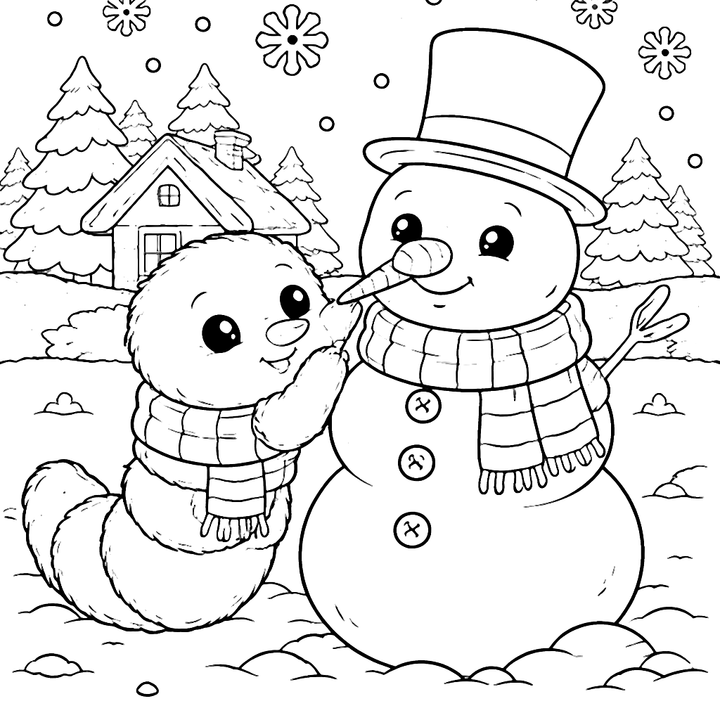 Fuzzy Snow-Worm Building a Snowman Coloring Page