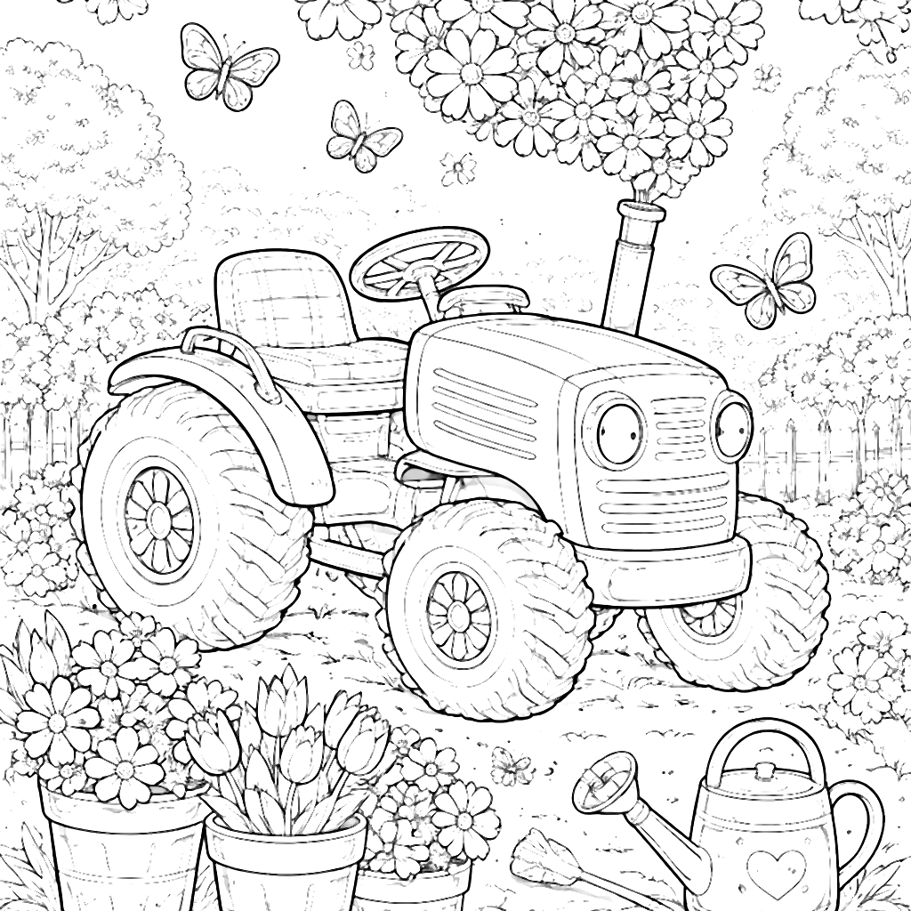 Whimsical Garden Tractor Coloring Page for Kids