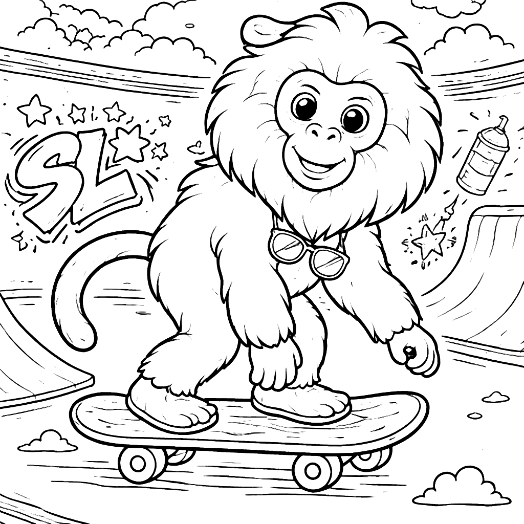 Gelada Baboon Skateboarding Fun - Coloring Page