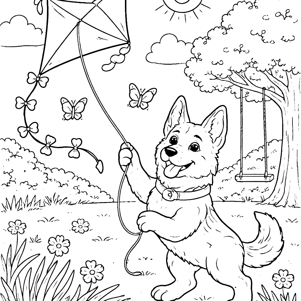 Colorful German Shepherd Flying a Kite in the Park
