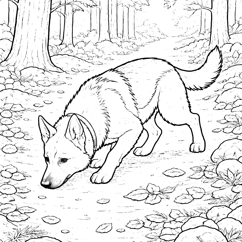 German Shepherd Scent Tracking in a Forest Trail Coloring Page