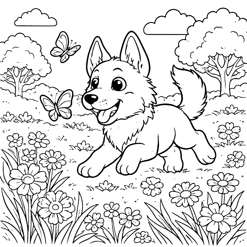 German Shepherd Playing with Butterflies in a Meadow