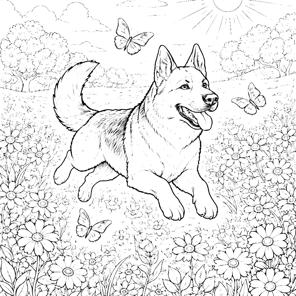 Playful German Shepherd in a Sunlit Meadow Coloring Page