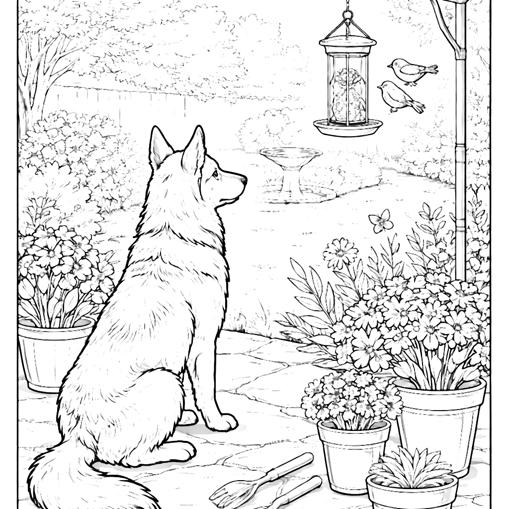 Coloring Page of a German Shepherd Watching Birds