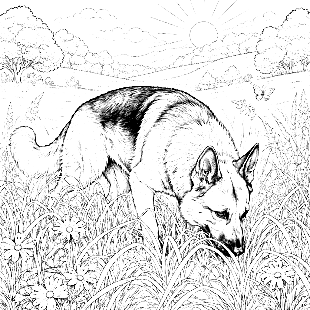 German Shepherd in a Sunlit Meadow Coloring Page