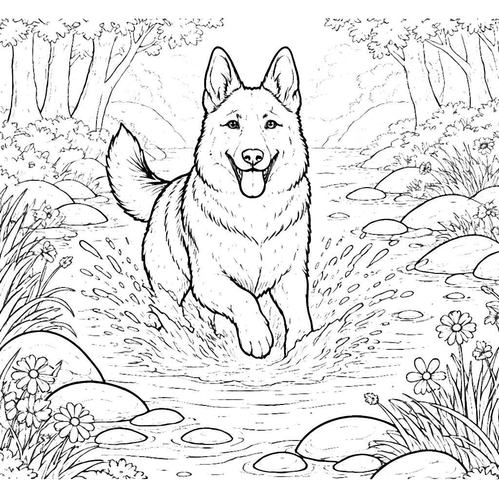 German Shepherd Splashing Through a Forest Stream