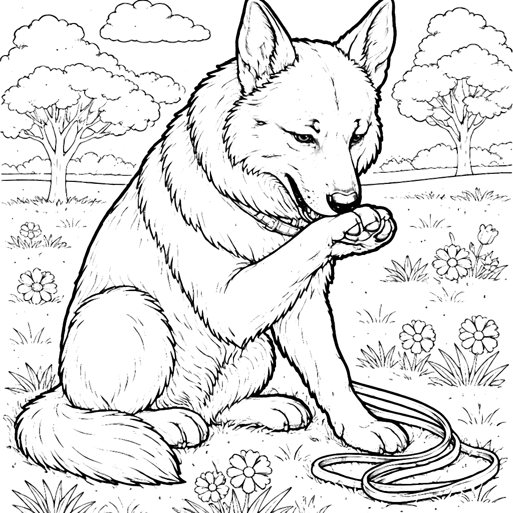 German Shepherd Grooming Its Paws in a Grassy Park
