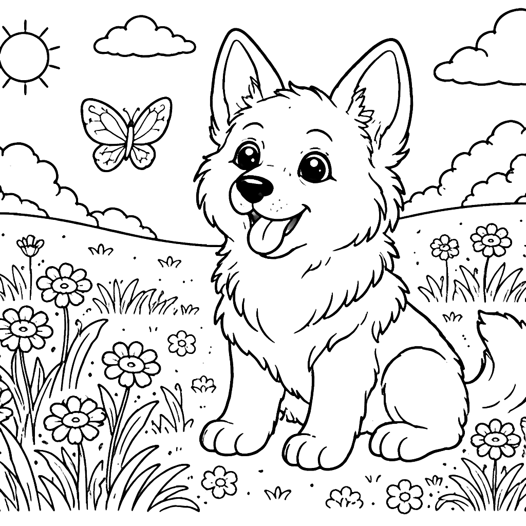 German Shepherd Watching a Butterfly - Coloring Page