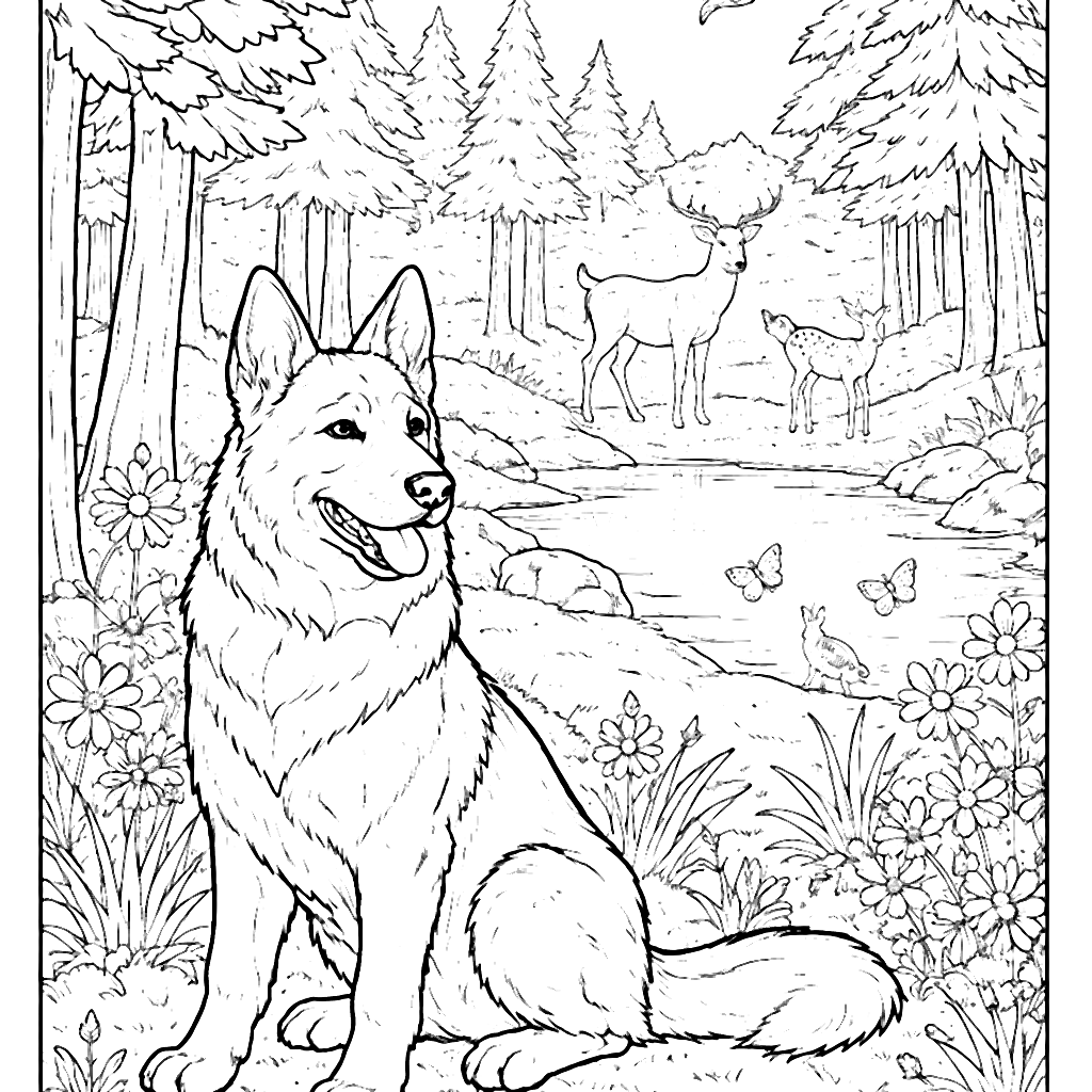 German Shepherd Observing Wildlife in a Forest Clearing