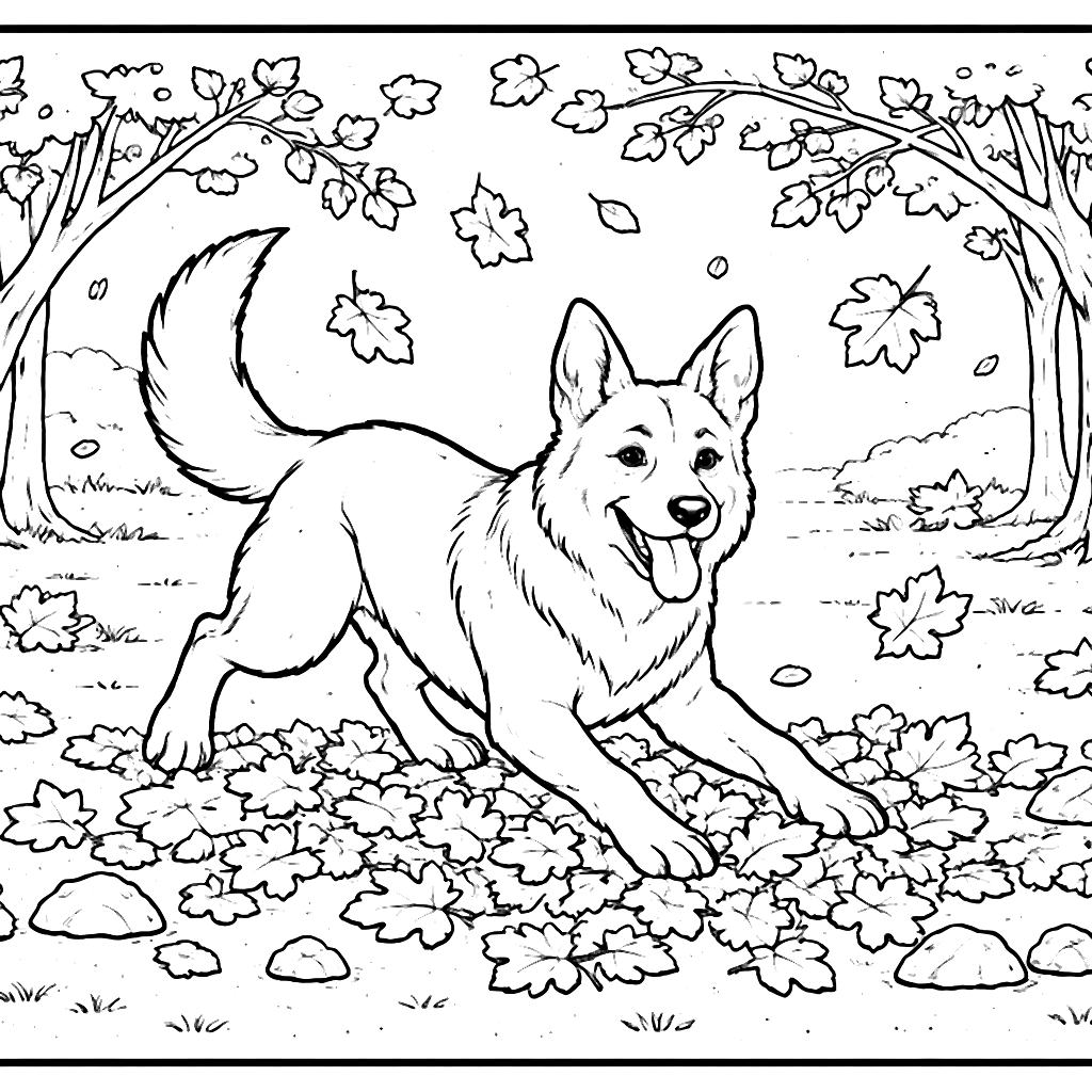 German Shepherd Playing in Autumn Leaves Coloring Page