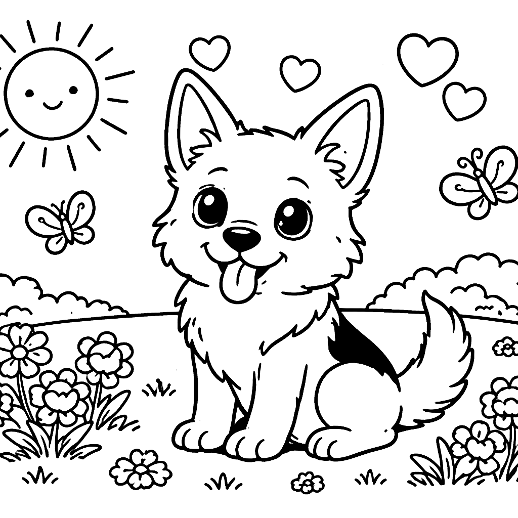 Coloring Page of a Playful German Shepherd in a Meadow