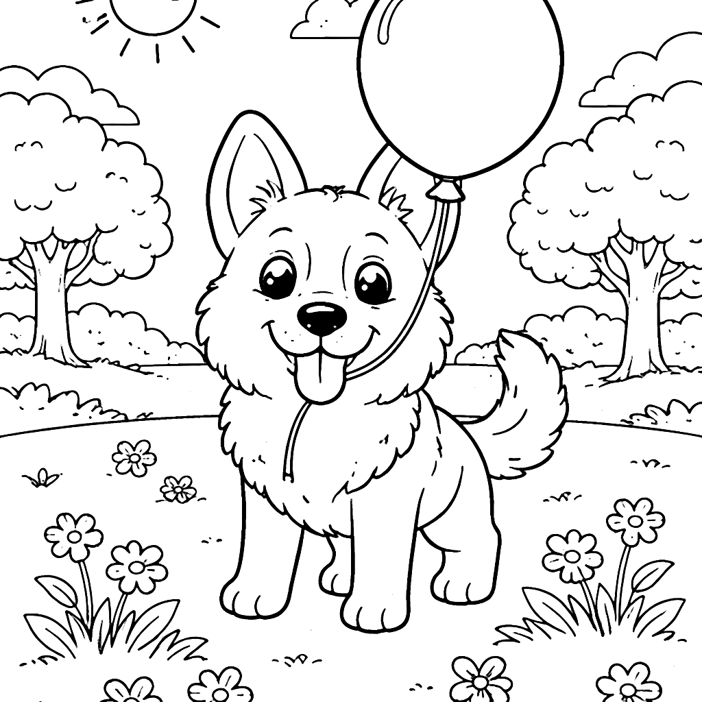 Joyful German Shepherd with a Colorful Balloon Coloring Page