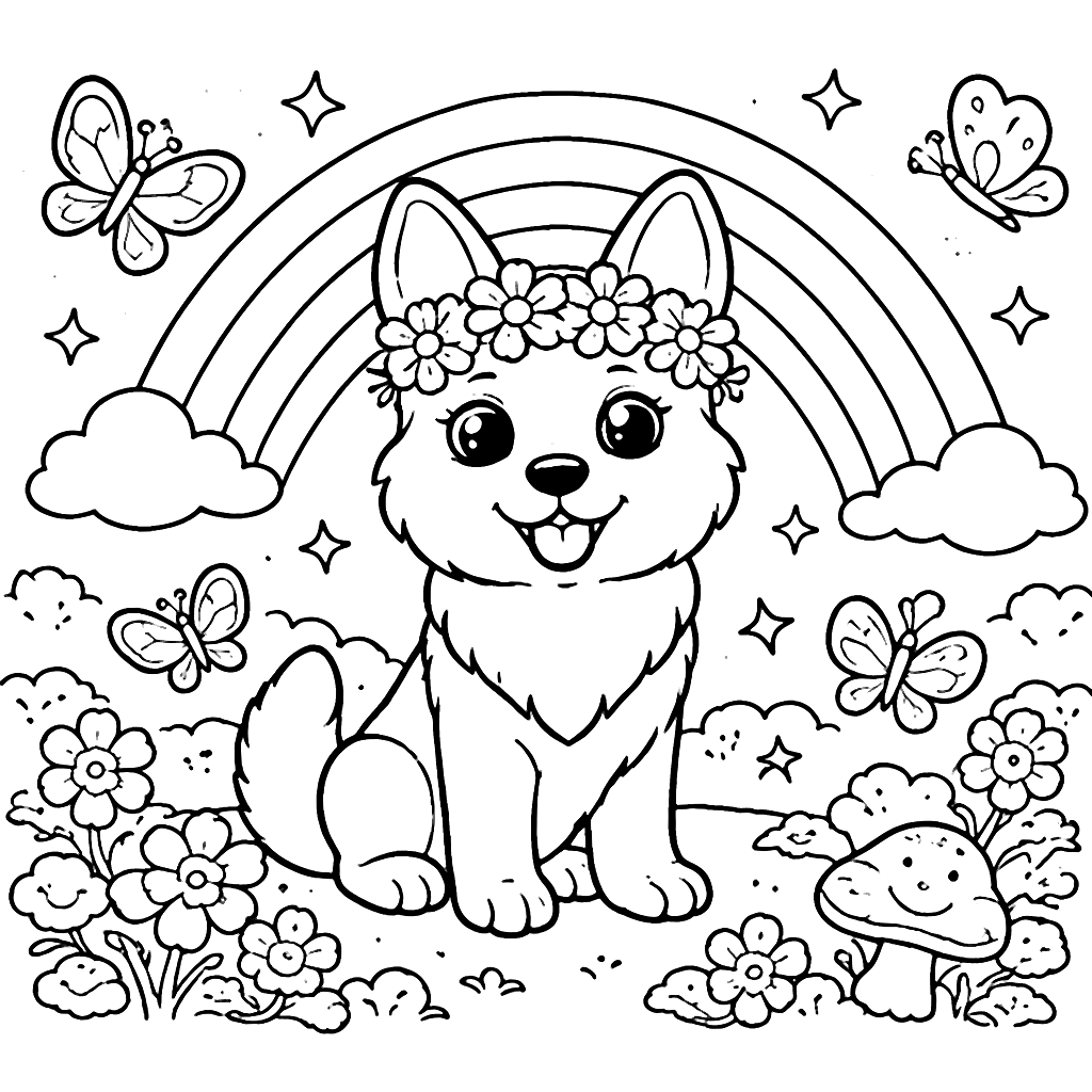 Colorful German Shepherd Under a Rainbow - Printable Page