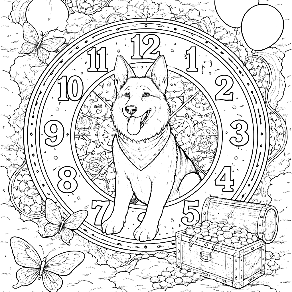 Coloring Page: German Shepherd Inside a Whimsical Clock