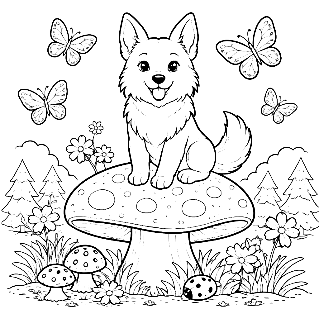Enchanting German Shepherd Coloring Page on a Mushroom