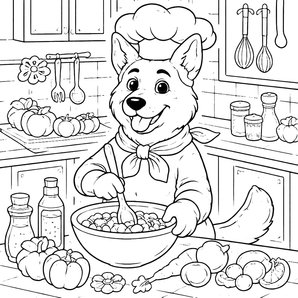 Coloring Page of a Chef German Shepherd in the Kitchen