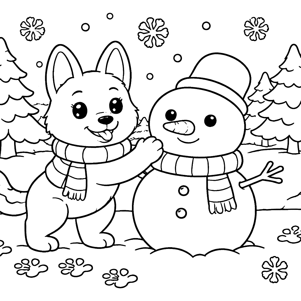 Playful German Shepherd Building a Snowman Coloring Page