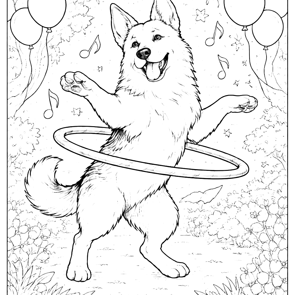 Coloring Page of a Dancing German Shepherd in a Park