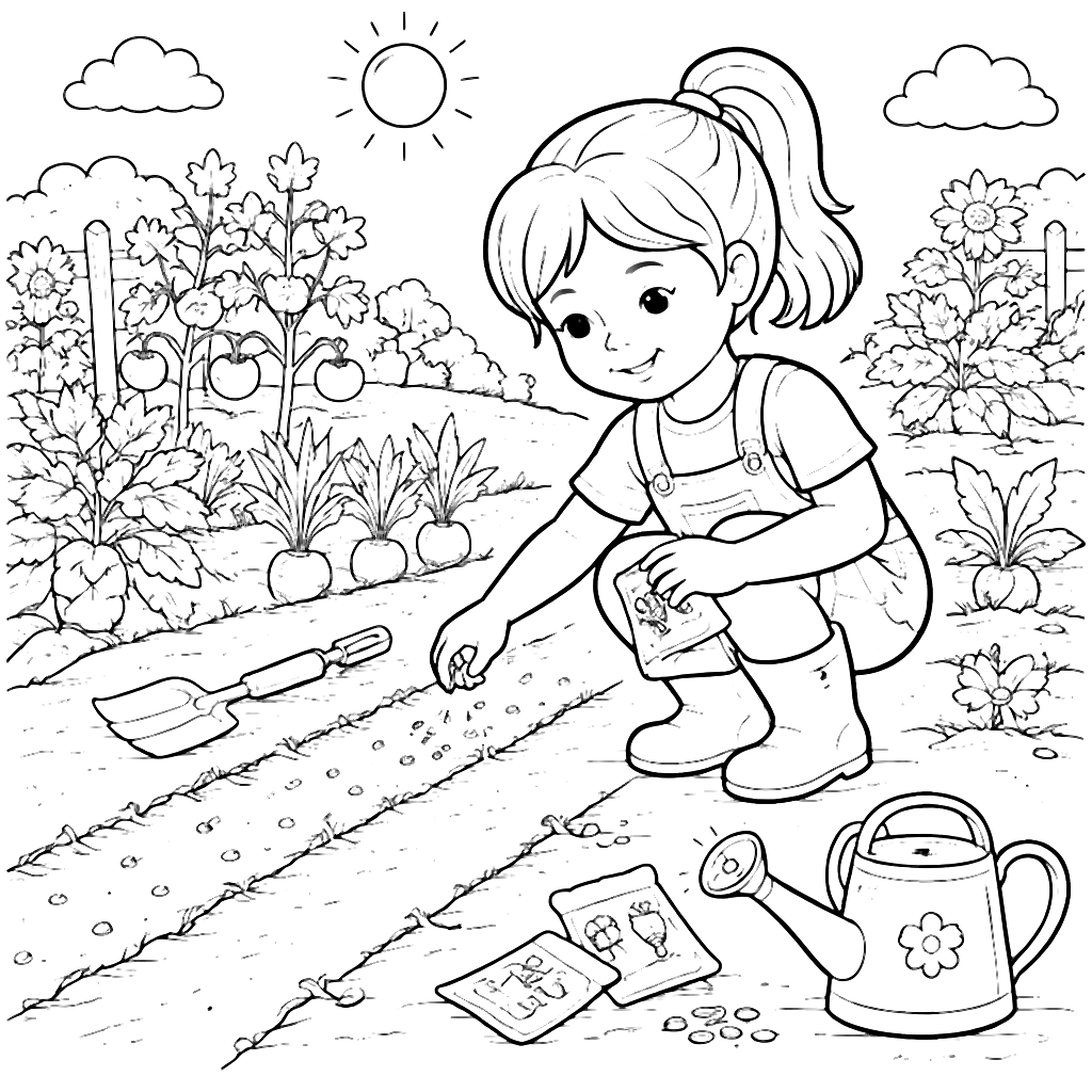 Girl Planting Seeds in a Sunny Vegetable Garden