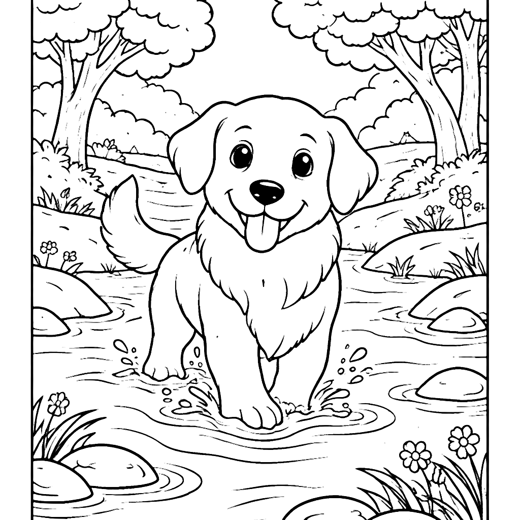 Golden Retriever Wading Through a Forest Stream Coloring Page