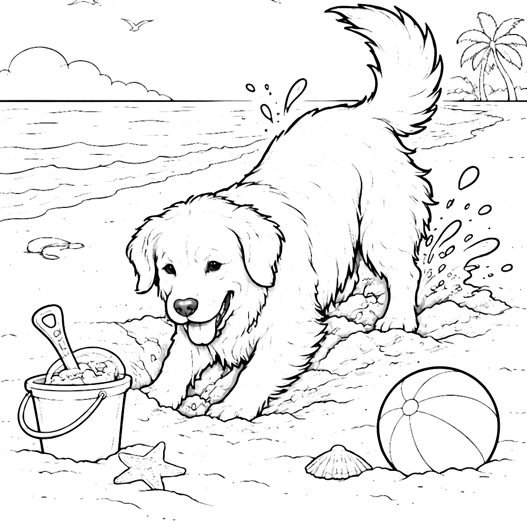 Golden Retriever Digging on a Sunny Beach Coloring Page