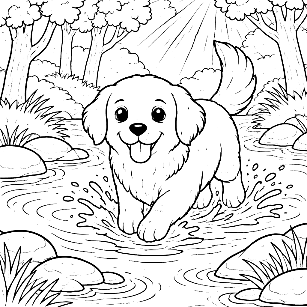 Golden Retriever Splashing in a Sunny Stream Coloring Page