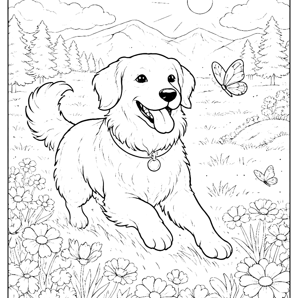 Golden Retriever Playing in a Sunny Meadow Coloring Page