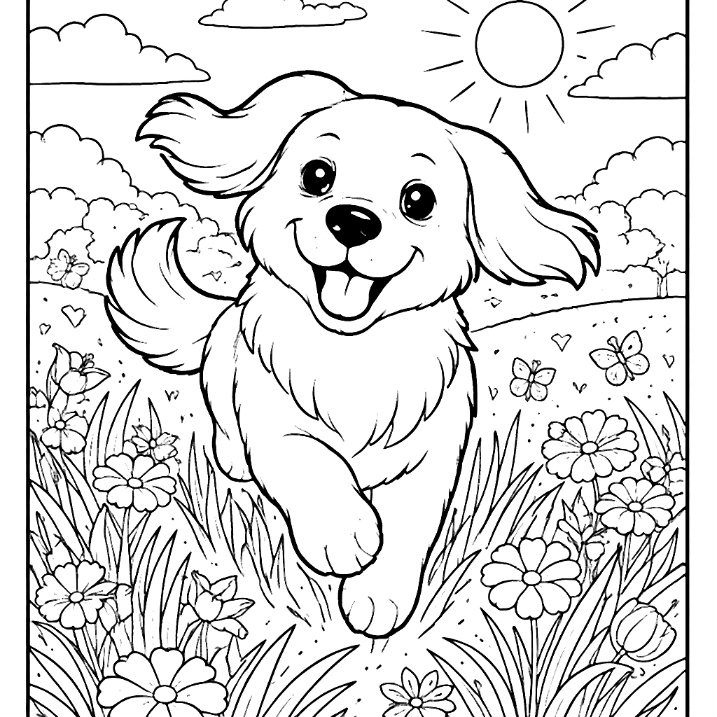 Playful Golden Retriever in a Sunlit Meadow Coloring Page