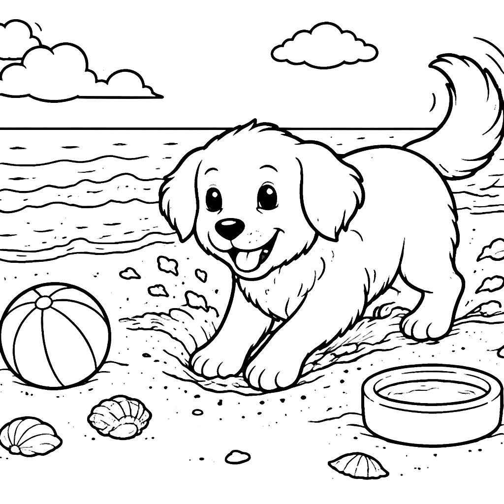 Golden Retriever Digging at the Beach - Coloring Page