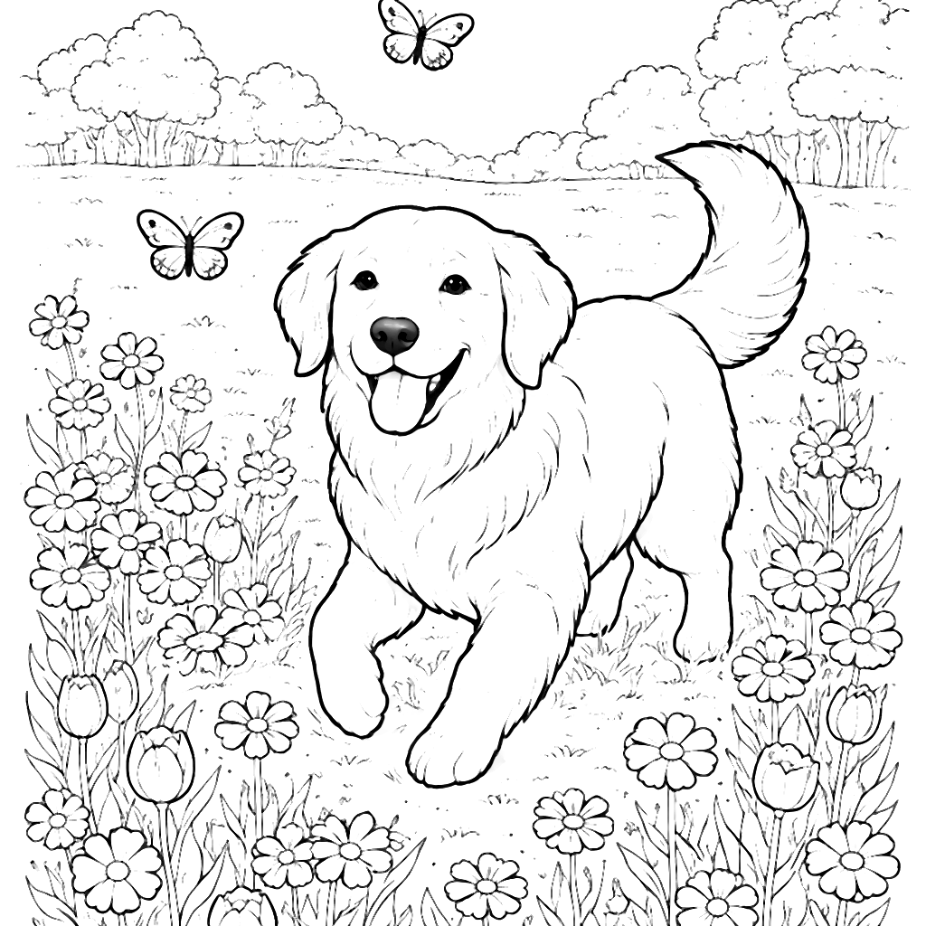 Golden Retriever Playing in a Sunny Meadow Coloring Page