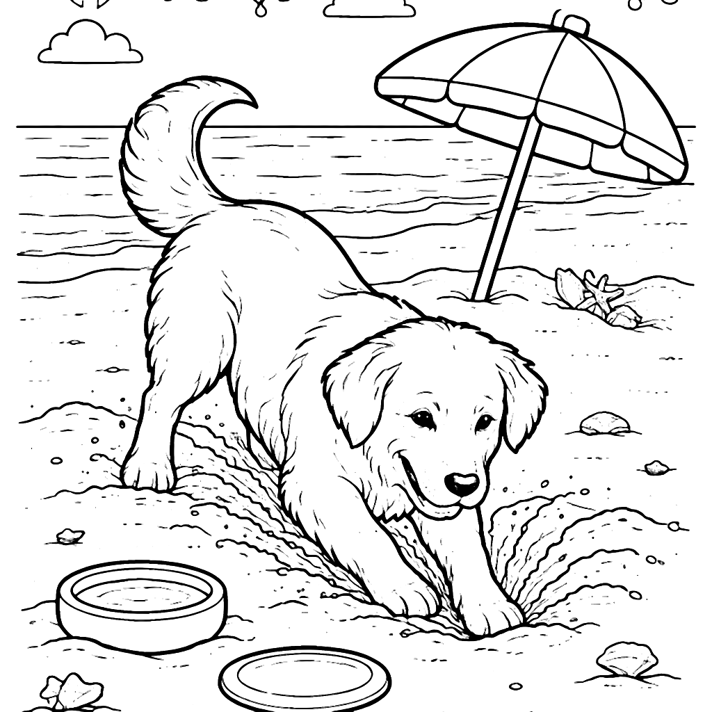 Golden Retriever Digging in the Sand at the Beach