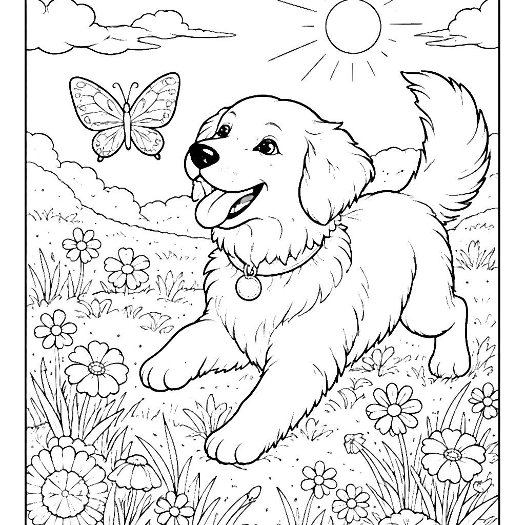 Playful Golden Retriever with Butterfly in Meadow Coloring Page