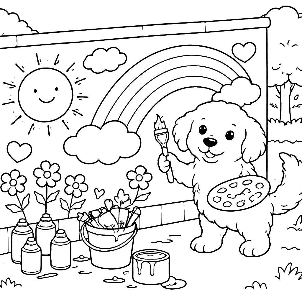 Colorful Golden Retriever Painting a Mural in the Park