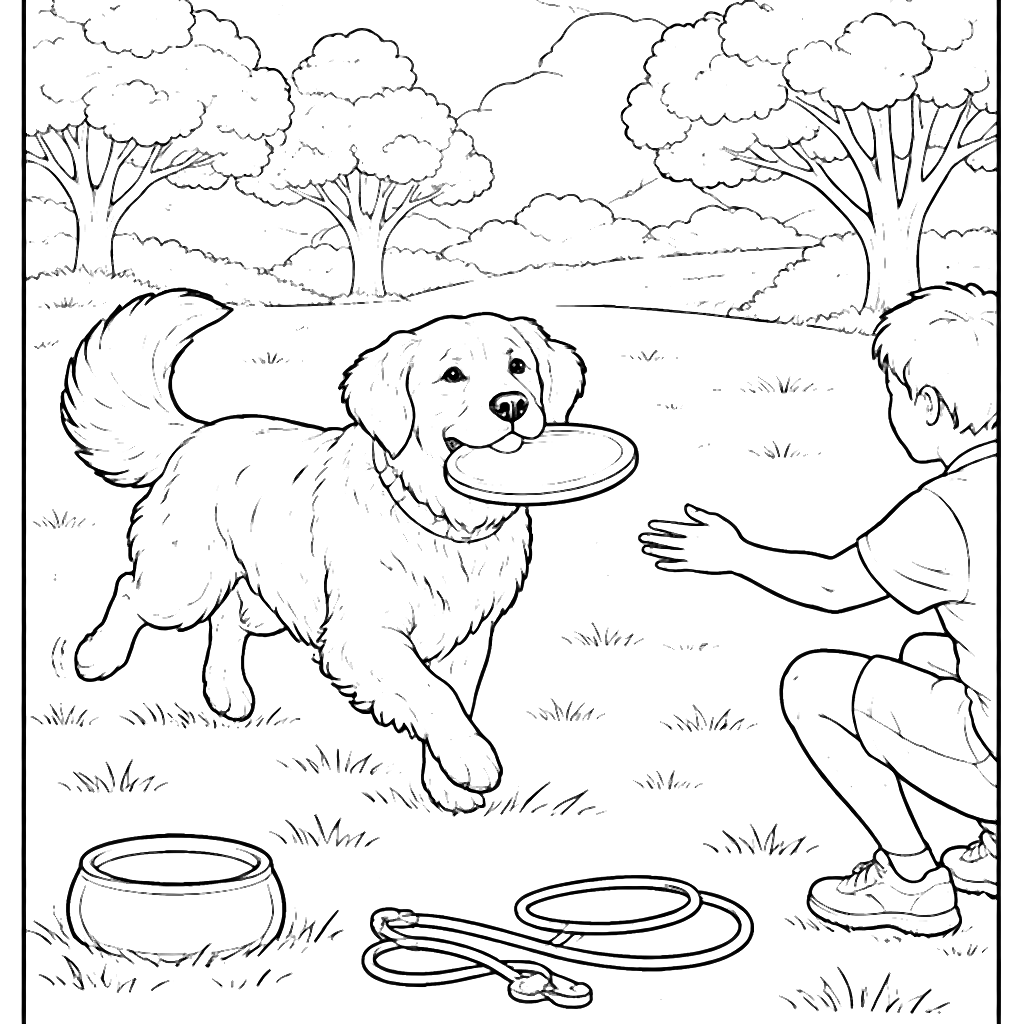 Golden Retriever Playing Fetch in the Park Coloring Page