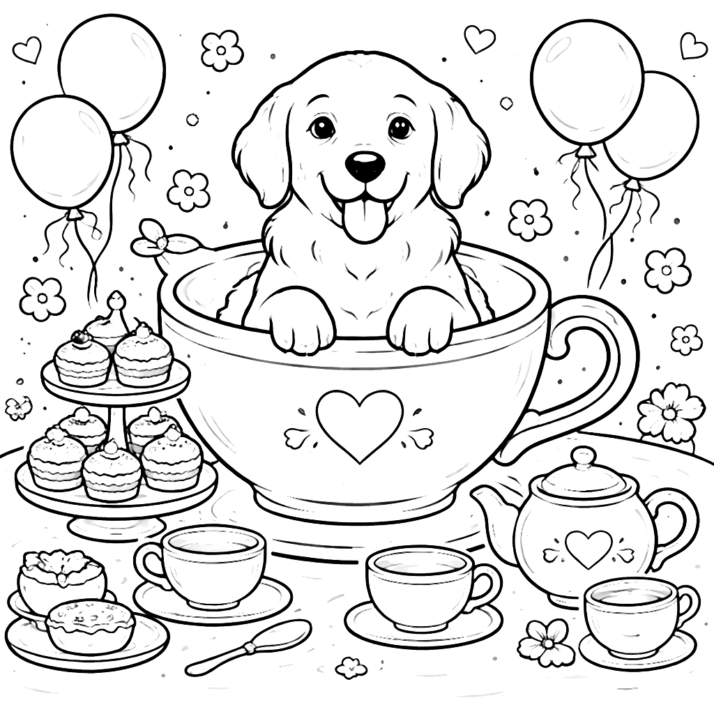 Golden Retriever in a Whimsical Tea Party Coloring Page