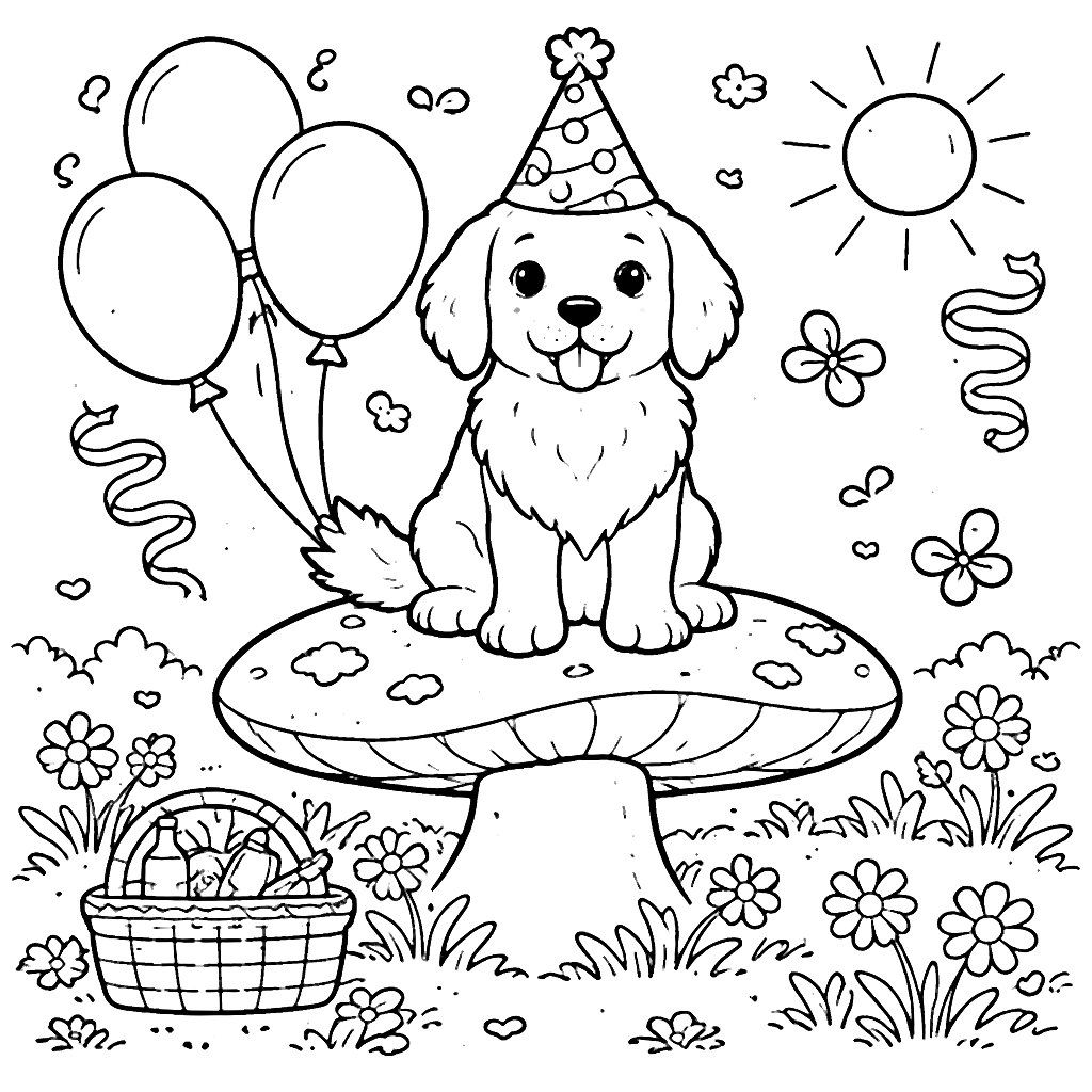 Golden Retriever on a Whimsical Mushroom Coloring Page