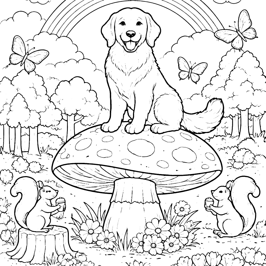 Golden Retriever on a Giant Mushroom Coloring Page