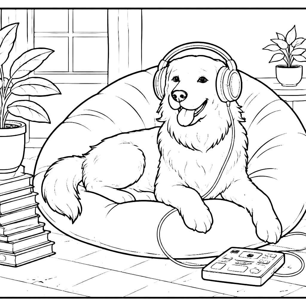 Cozy Golden Retriever with Headphones Coloring Page