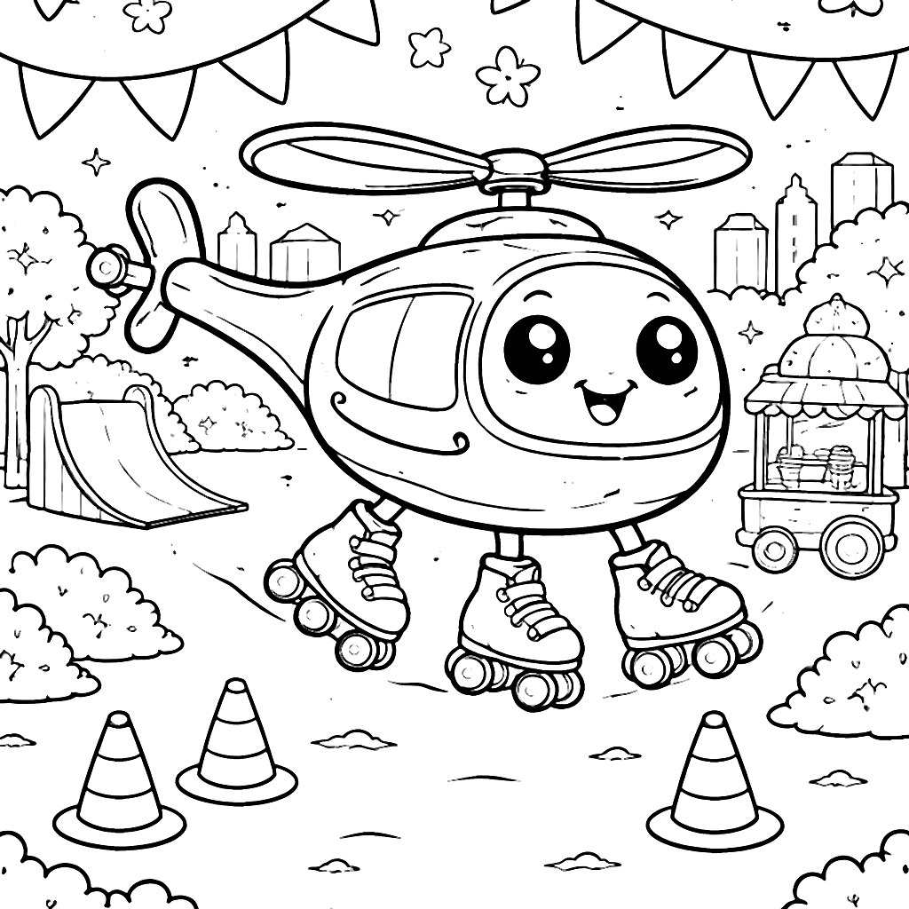 Helicopter on Roller Skates in a City Park Coloring Page