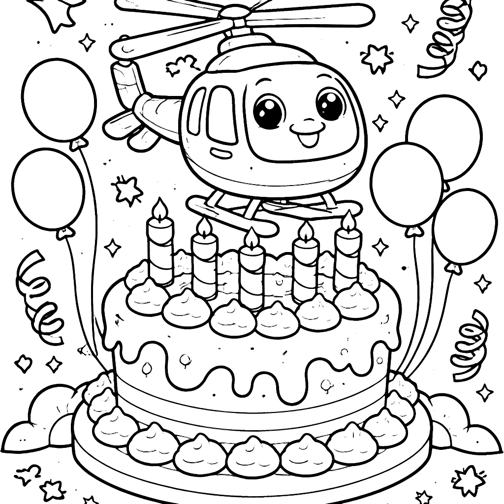 Helicopter on a Birthday Cake - Fun Coloring Page