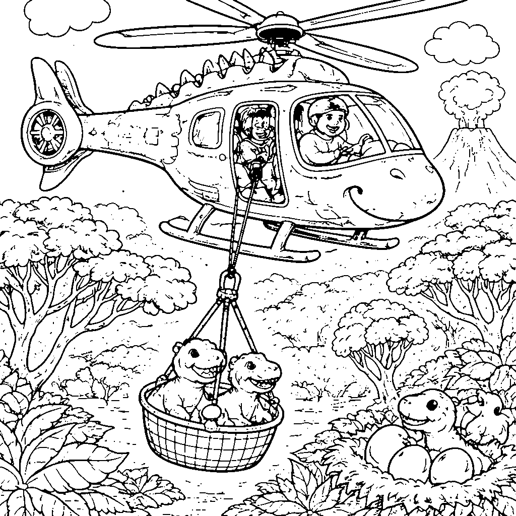 Helicopter Dinosaur Rescue Coloring Page
