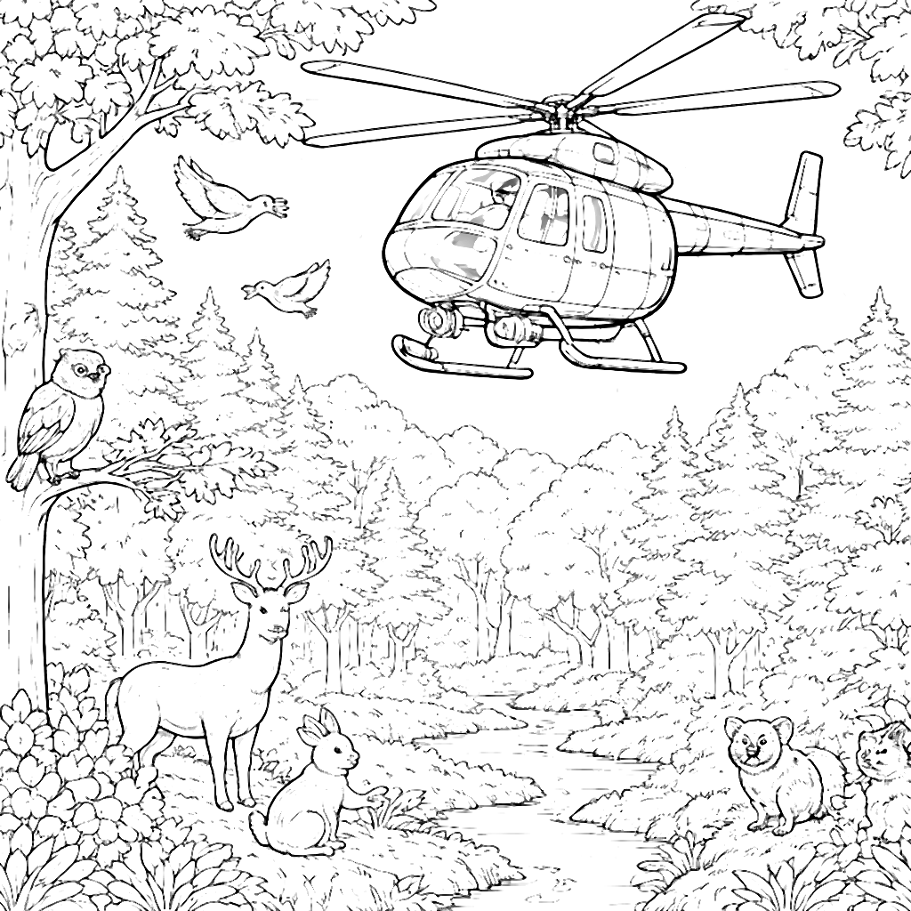 Helicopters Surveying Wildlife in a Forest - Coloring Page