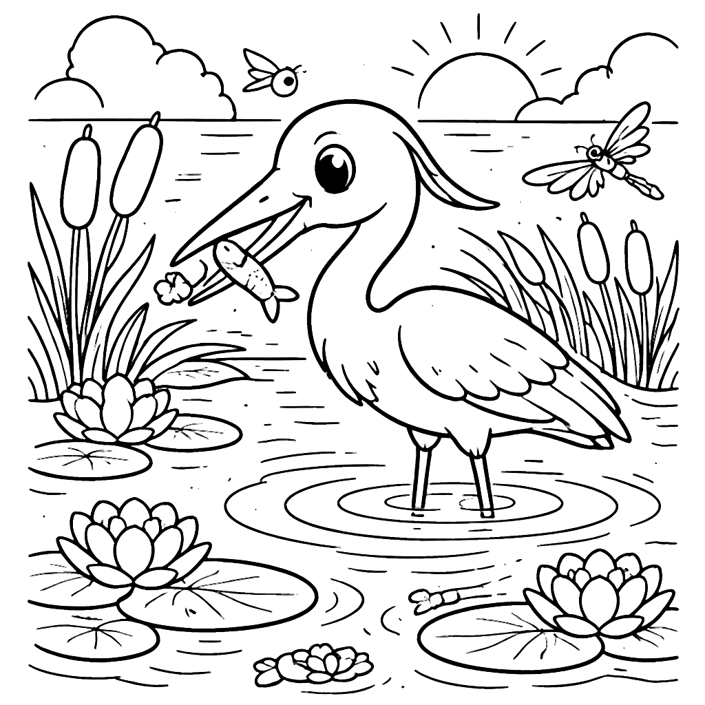 Heron Fishing in Serene Wetland - Coloring Page